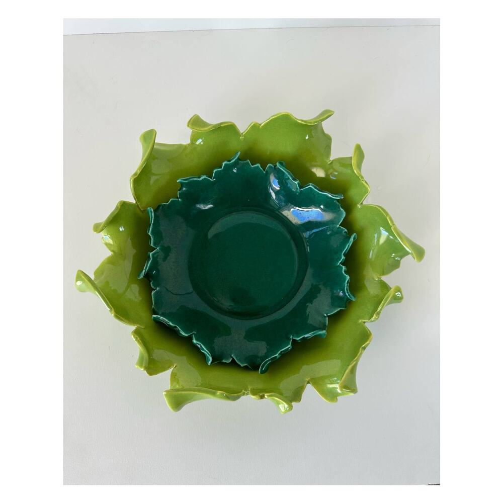 Vintage Johannes Brahm California Art Pottery green Center console bowls, 2 pcs